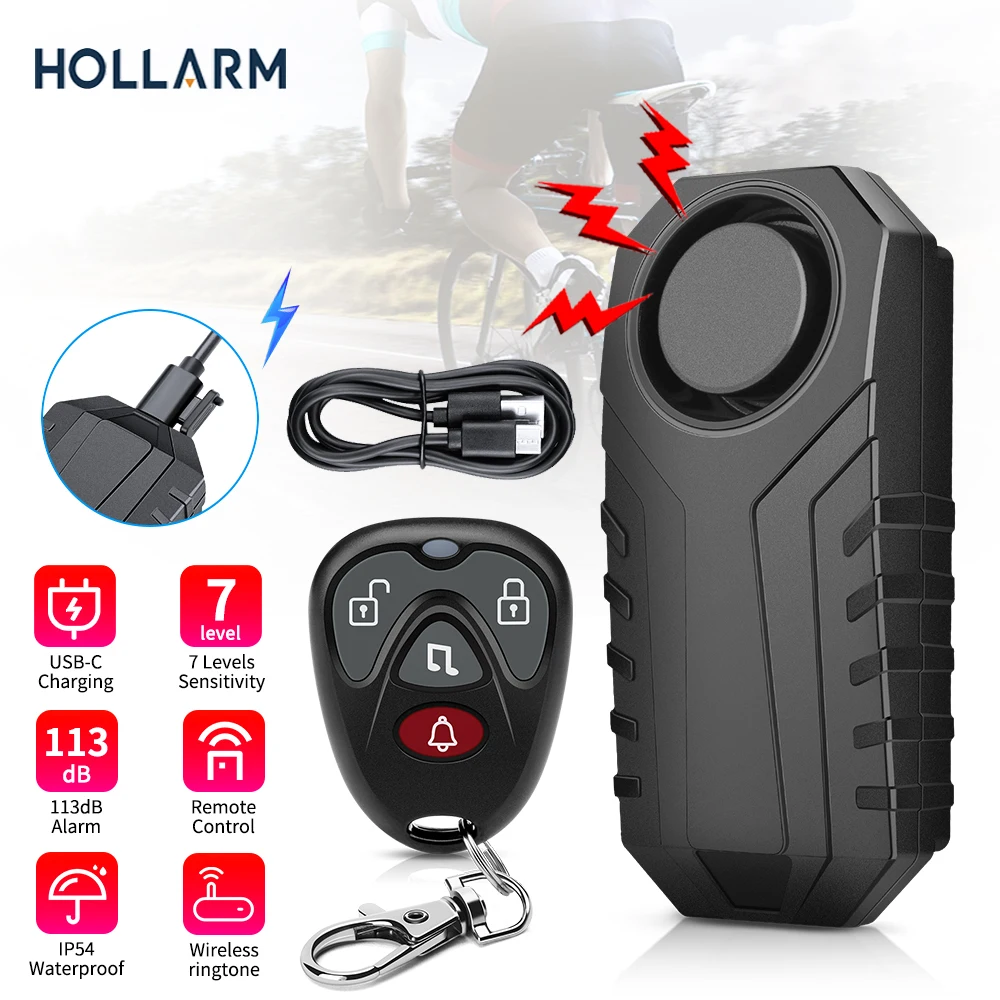 hollarm wireless bicicleta vibracao alarme carga usb impermeavel motocicleta bicicleta eletrica alarme controle remoto protecao de seguranca 01