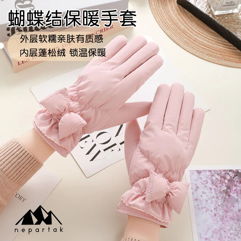 Guantes cálidos de invierno para mujer, para exteriores, además de pelusa, gruesos, a prueba de viento y protección contra el frío, pantalla táctil para ciclismo, bonito guante de esquí con lazo