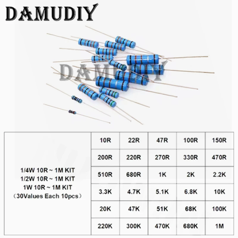 300 ชิ้น/ล็อต 1W 1/2W 1/4W 1% ตัวต้านทานฟิล์มโลหะชุดสารพัน 30ValuesX10pcs = 300pcs 10 โอห์ม - 1M ความต้านทานชุด