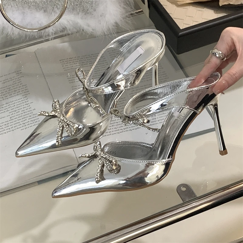 Eilyken Sexy Summer Crystal Butterfly-knot Pointed Toe Women Pumps Fashion Buckle Strap High Heels Party Prom Sandals Mule Shoes