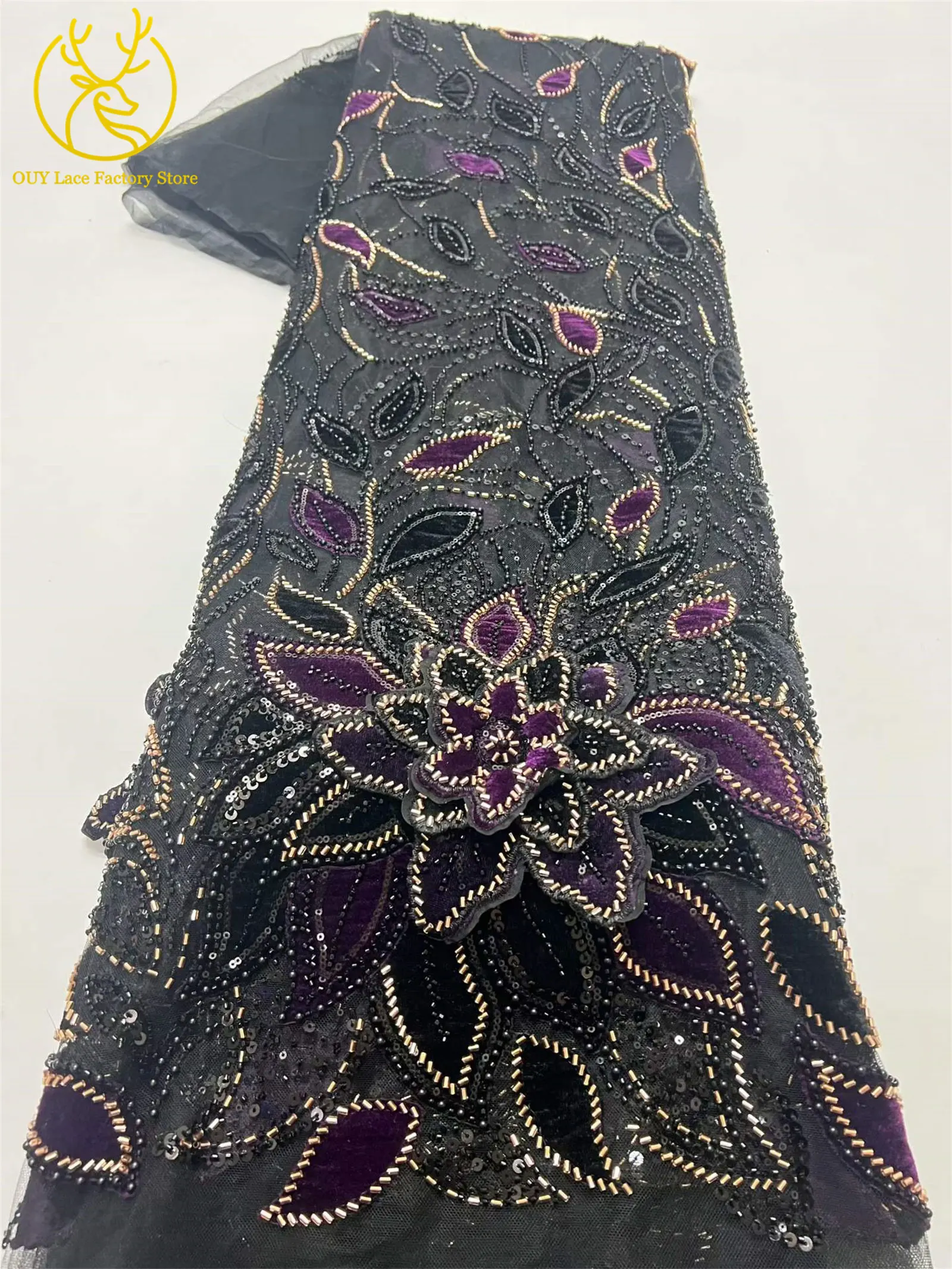 3D-Blumen handgefertigter Perlen-Spitzenstoff, afrikanischer Spitzenstoff, exquisiter nigerianischer Pailletten-Tüll-Spitzenstoff für Hochzeitskleider zum Nähen – Detail 19