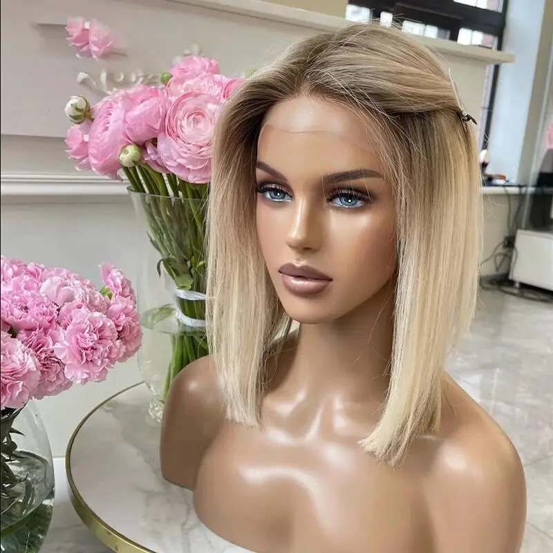 20Inch 180%Density Ombre 60Blonde Silky Straight Long Lace Front Wig For Women Baby Hair Heat Resistant Preplucked Glueless WIgs