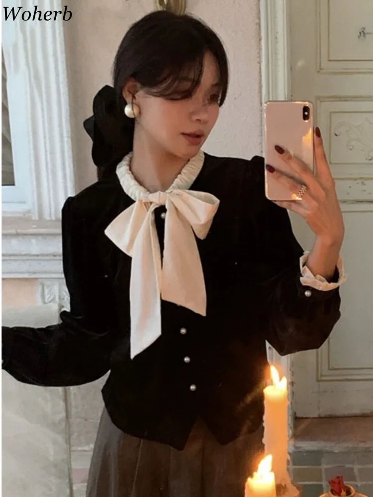 Vintage Blouse for Women Patchwork Bow Velvet Temperament Shirts O-neck Loose Black Blouses Tops Female 2024 Camisas De Mujer