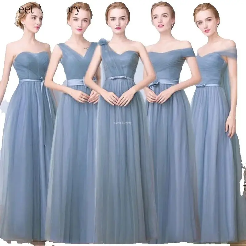 

Sweet Memory Dusty Blue Long Bridesmaid Dresses Women A-Line Simple Tulle Wedding Guest Dress For Graduation Dress Party Robe
