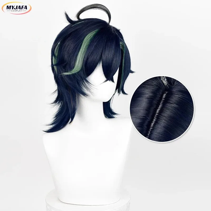 Peluca de Cosplay Kinich, pelo sintético corto trenzado resistente al calor con reflejos negros, verdes y dorados, pelucas de Anime para Halloween + gorro de peluca