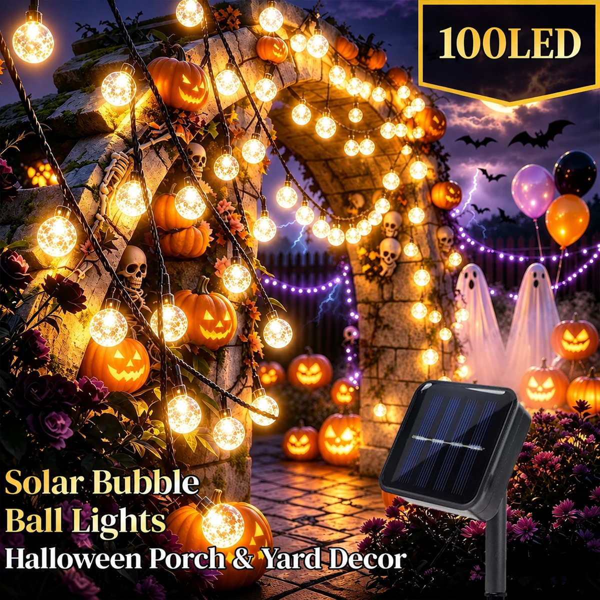 1pc 100 LED Crystal Globe Solar Bubble String Lights – Spooky Halloween Outdoor Decorative Fairy Lanterns with 8 Flashing Modes for Haunted House,Porch, Patio, Garden, Party, Tree, Festival Decor Trick-or-Treat Atmosphere