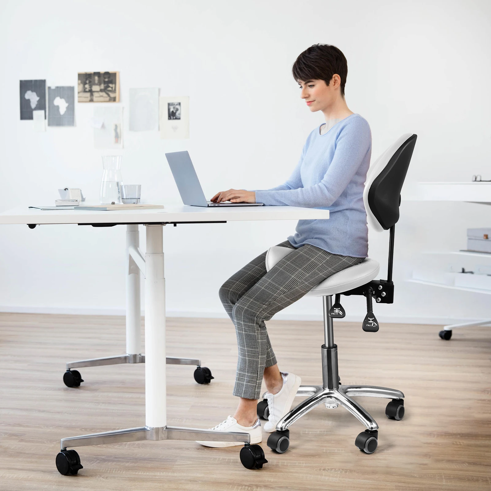 Saddle Stool with Back Support and Wheels, 400 LBS Weight Capacity Ergonomic Rolling Stool, Height Adjustable Thickened PU Leather Swivel Saddle Chair for Salon, Spa, Massage, Tattoo, White