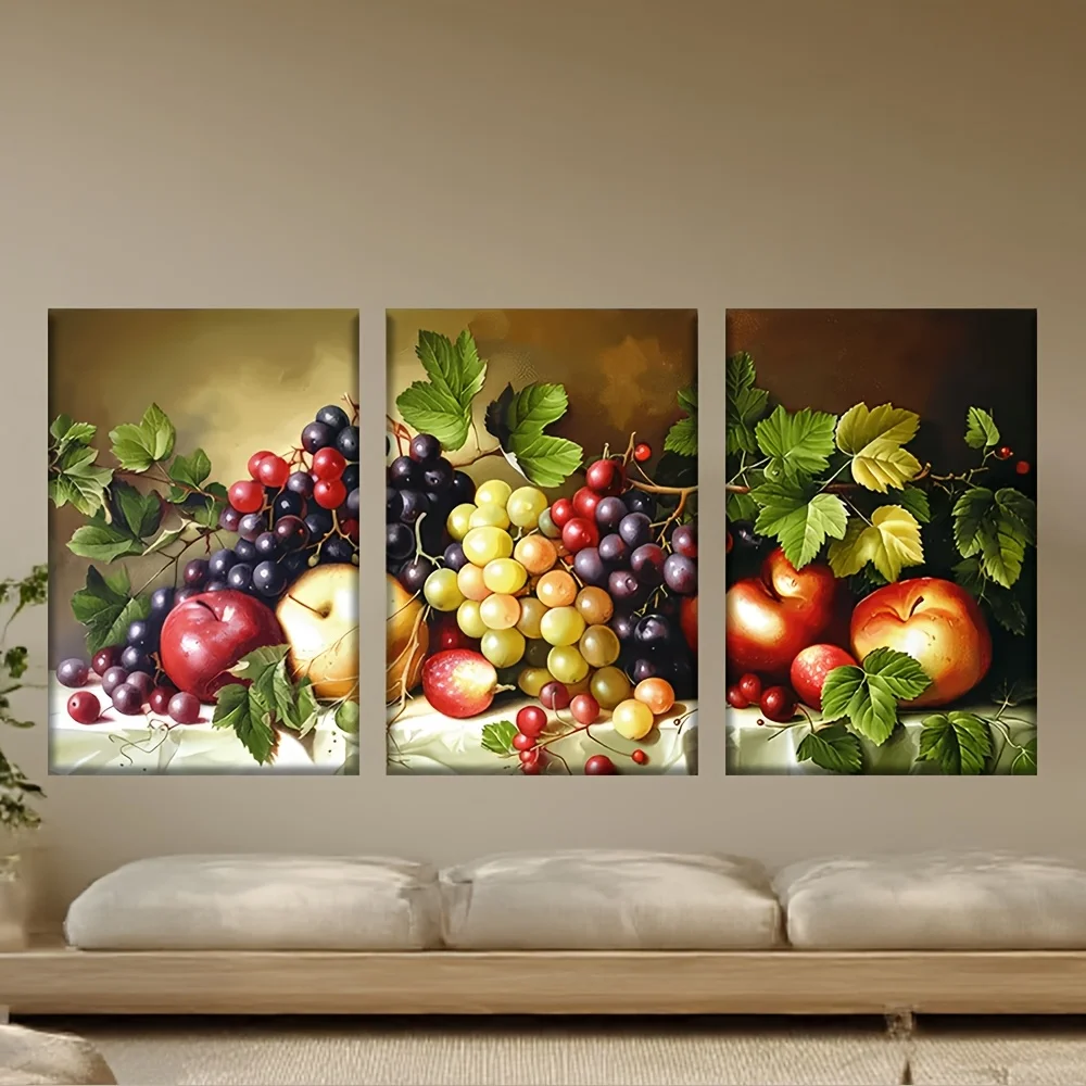 Set of 3, Unframed Canvas Artwork Featuring Retro Grapes And Apples, Ideal for Bars, Offices, And Living Rooms. Great for Bir
