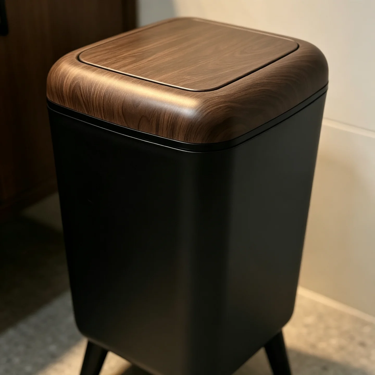 Square Press-Top Waste Bin with Wood Grain Lid, Elevated Standing Trash Can for Bathroom Bedroom Home Decor