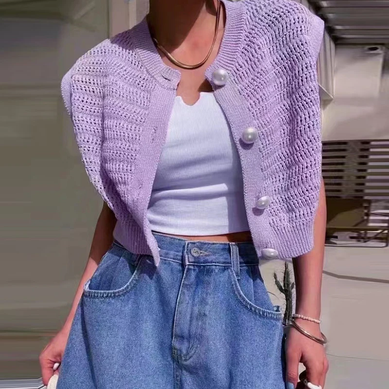 

Women Chic Summer Spring Sweet Round Neck Unique Pearl Button Hollow Jacquard Sleeveless Tank Top Knit Vest