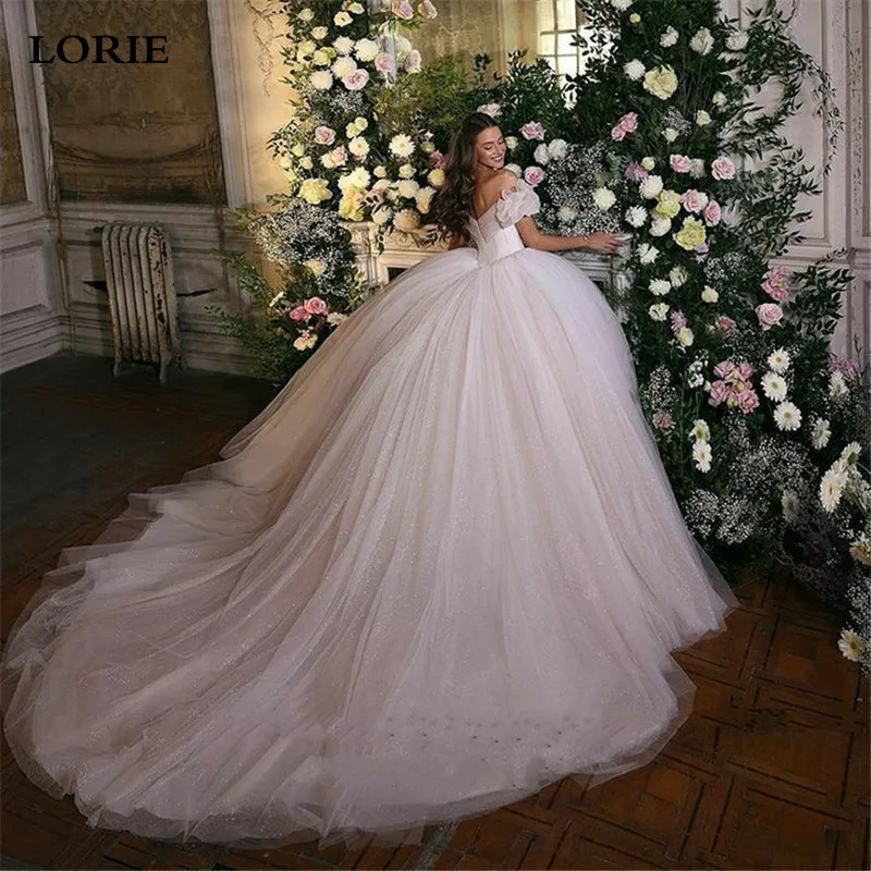 LORIE Shiny Glitter Princess Wedding Dresses Ball Gown Off The Shoulder Bride Dress Sweetheart Neck Dubai Wedding Gowns 2024