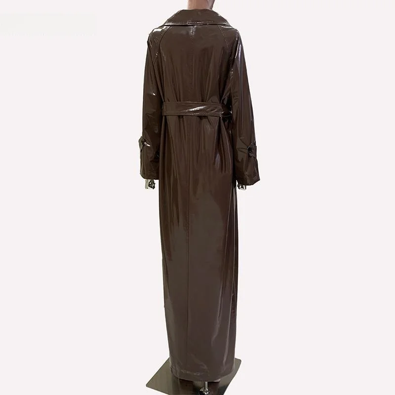 Soft PU Leather Brown Windbreaker Coat Women's Oversized Shiny Leather Jacket Long Length Fashionable Commute Style Coat