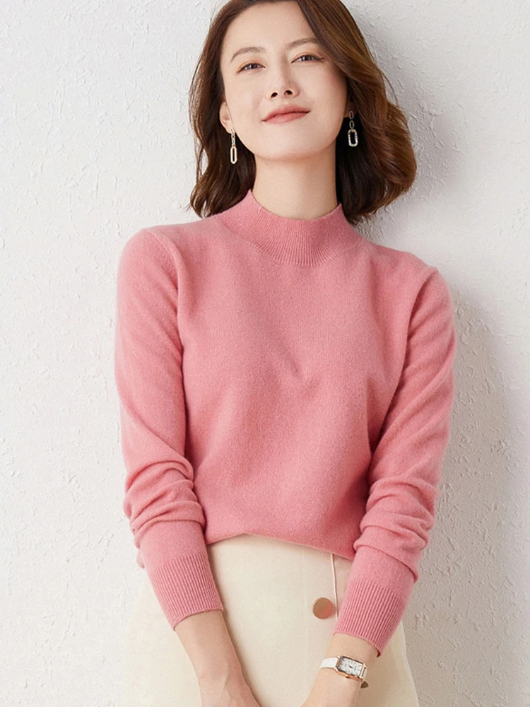 Women Solid Half High Collar Cashmere Sweater Autumn Winter Loose Plus-Size Knitted Wool Casual Sweater Bottoming Shirt