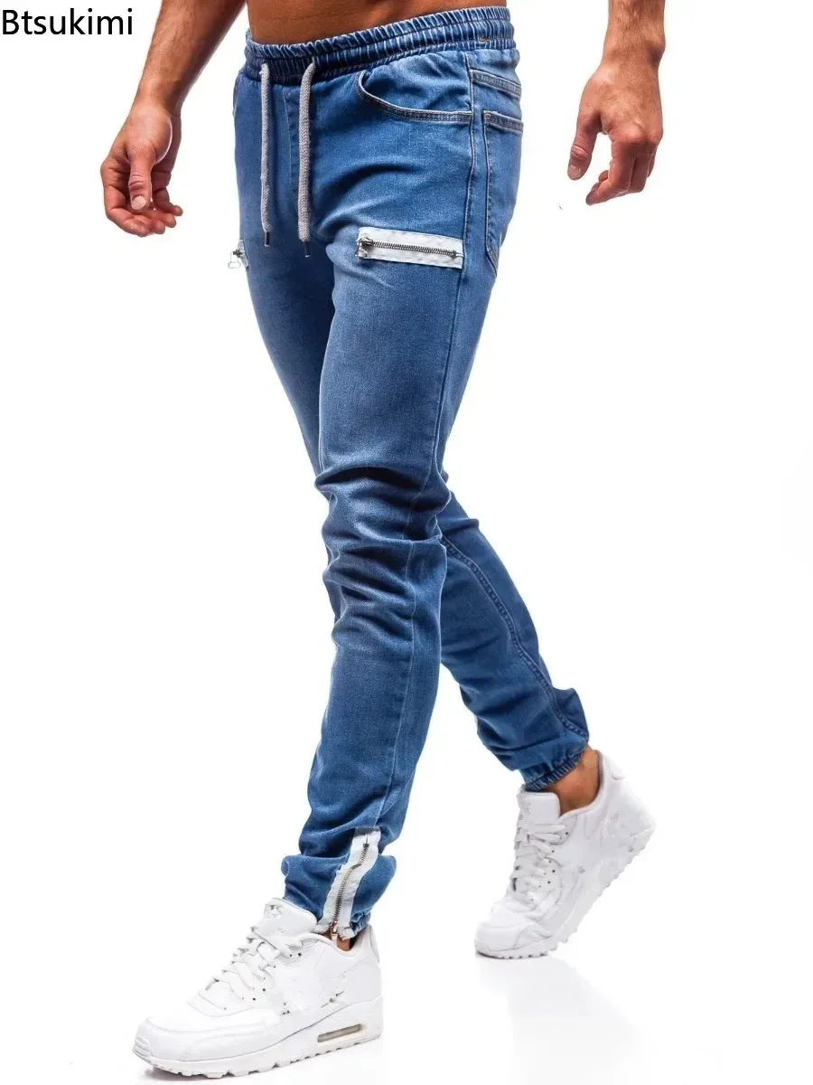 2025 Men's Slim Straight Leg Jeans Fashionable Drawstring Zip Design Casual Sport Denim Pants Men Versatile Trouser Street Style