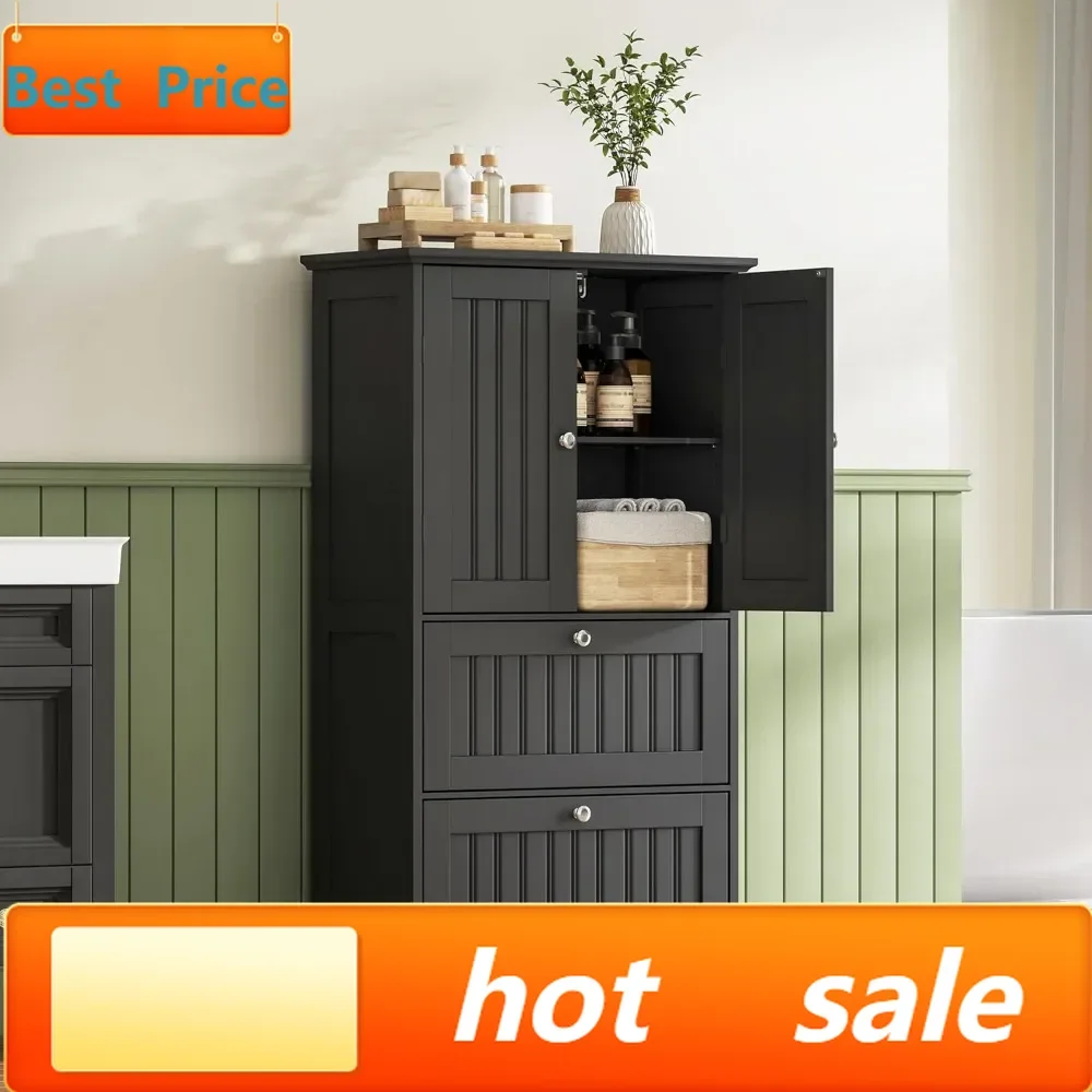 

Hot salesBlack Bathroom Storage Cabinet with Drawers, Adjustable Shelf, Freestanding Floor Cabinet for Kitchen Living Room