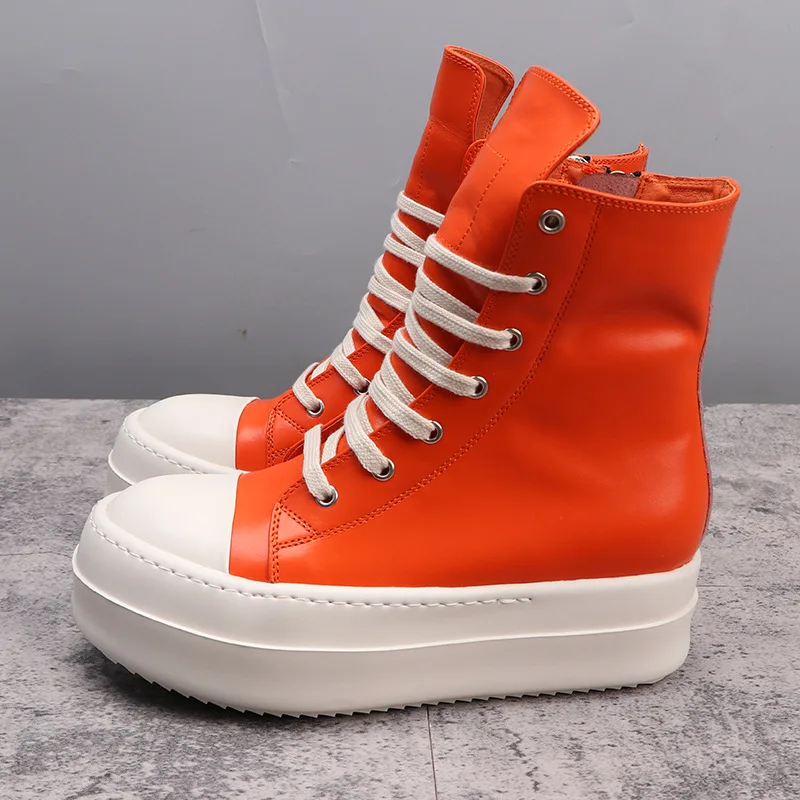 Women's Flat Shoes Leather Upper Thick-soled Height-increasing Shoes Lace-up Design High Top Shoes