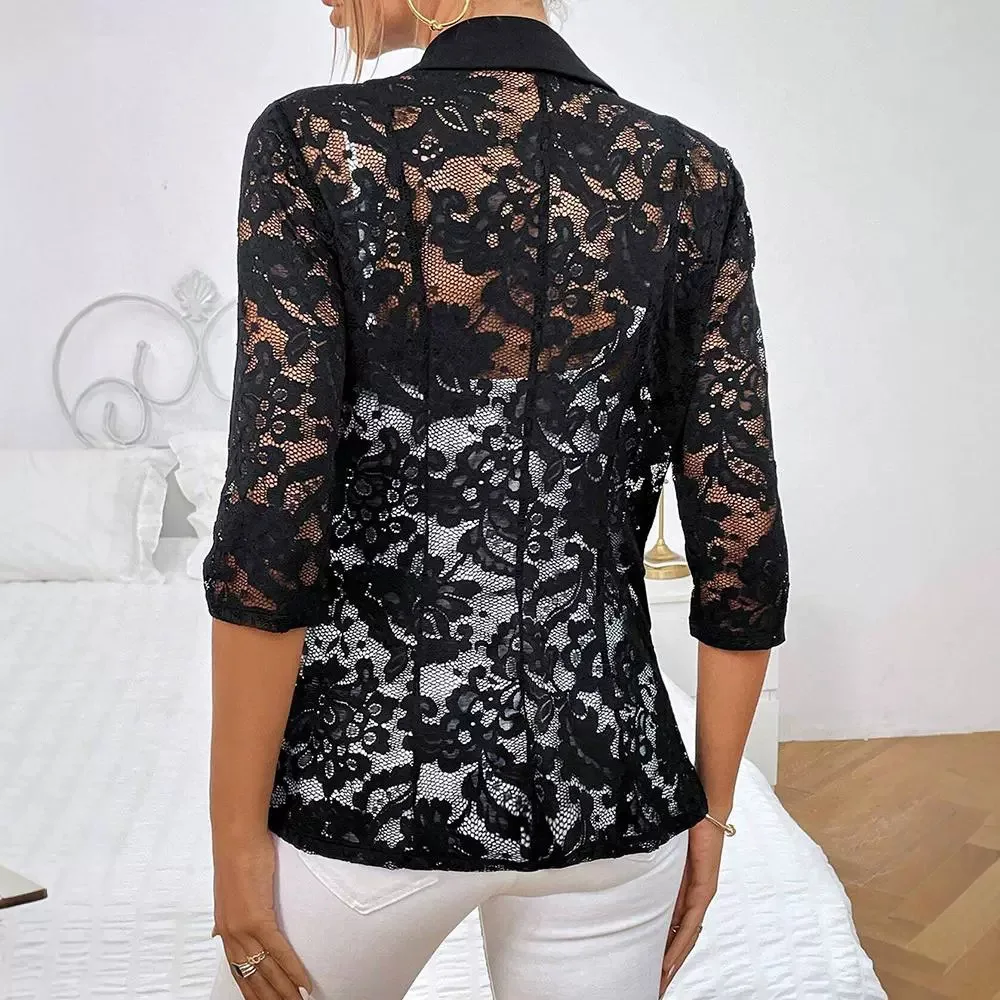 Elegant Suit Jacket for Woman New Fashion 2024 Summer Autumn Spring Casual Lace Patch Single Breasted Flap Detail Blazer Coat