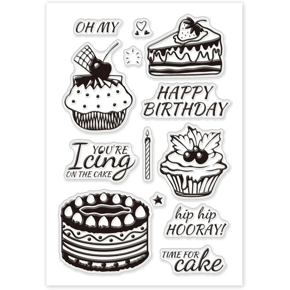 Birthday Cake Clear Stamps Silicone Stamp Cards Happy Birthday Blessing Words Clear Stamps for Card Making Decoration and DIY