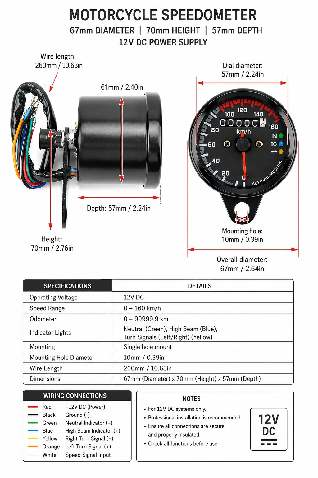 12V Retro Motorcycle Speedometer Odometer with 3 Indicator Lights Mechanical Single Mileage Gauge 0-160KM/H For Harley Jialing70