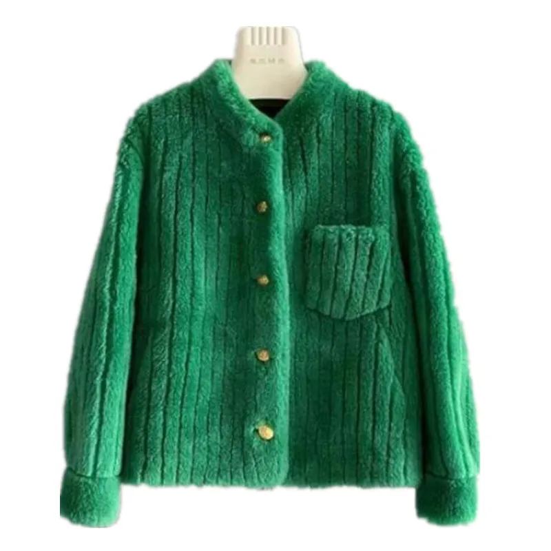 Abrigo verde de piel sintética con cuello levantado para mujer, chaqueta holgada de manga larga, a la moda y cálido abrigo grueso, novedad de invierno, 2023