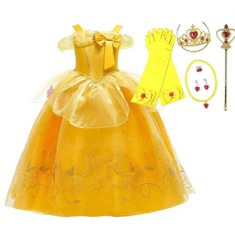 Costume de princesse La Belle et la Bête pour filles, robe de poivre, fibrFloral, tenue de carnaval d'Halloween, fête pour enfants