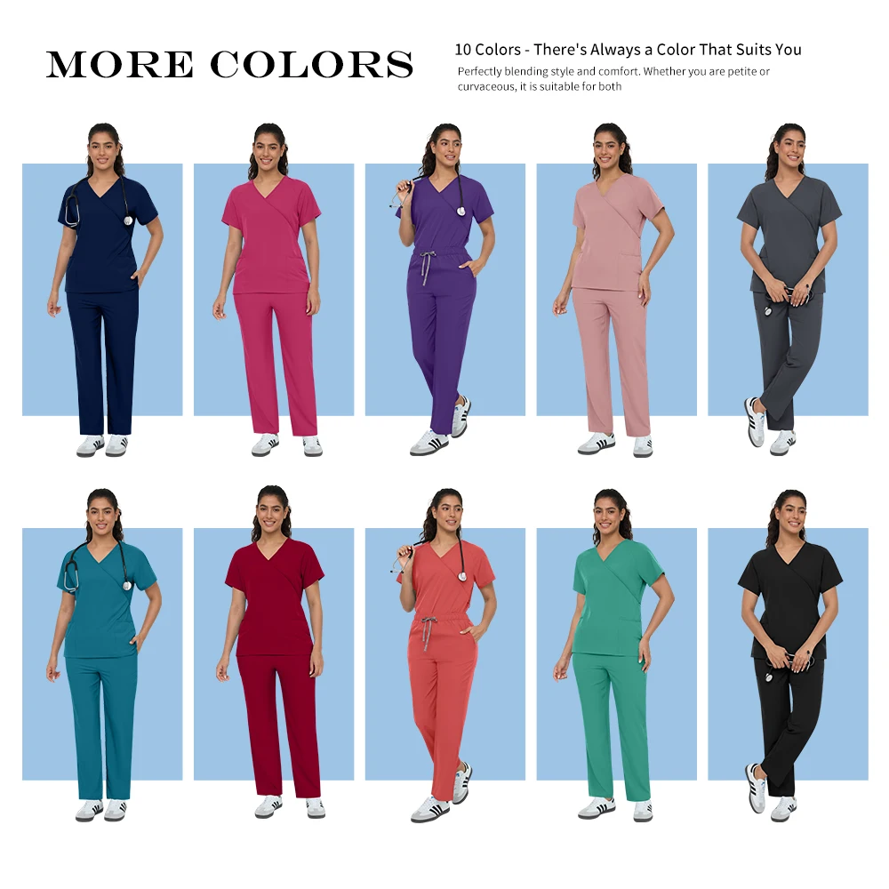 Elastic Quick Dry Anti-Wrinkle Nurse Clothing Operating Room Dental Dentist Uniform Beauty Workwear Medical Scrubs Set for Women