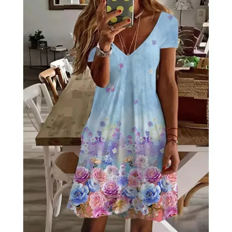 Mini vestido curto com estampa floral feminino, roupa com decote em v, vestidos de noite, casual, elegante, verão, moda, 2023