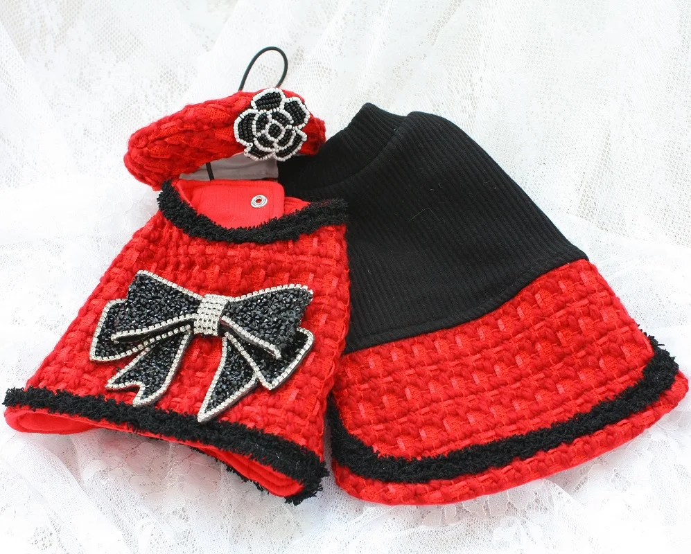 Handmade Winter Dog Clothes Pet Supplies Fashion Parkas Dress Jacket Knit Top And Tweed Vest Big Sequin Bow Accessories Beret