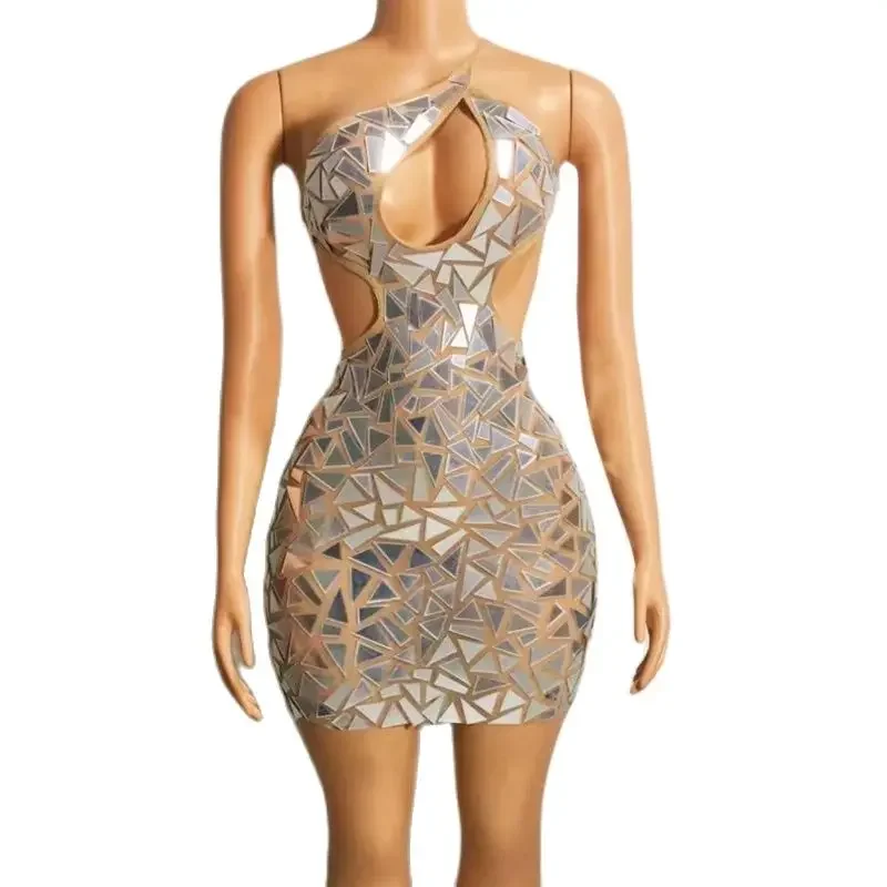 Sexy recorte espelhos vestido sem costas festa vestido de noite feminino aniversário celebrar vestidos jazz traje palco outfits xs5525