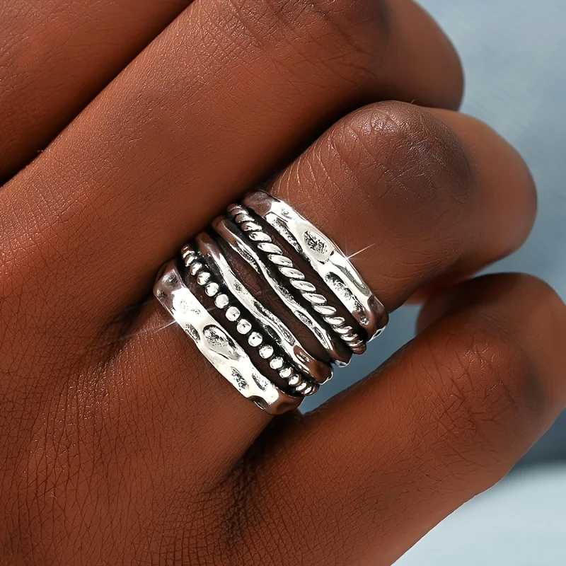 Vintage handgeschnitzter Damenring aus silberfarbenem Metall mit geometrischem Design für den täglichen Gebrauch, Partyschmuck, Jubiläumsgeschenk