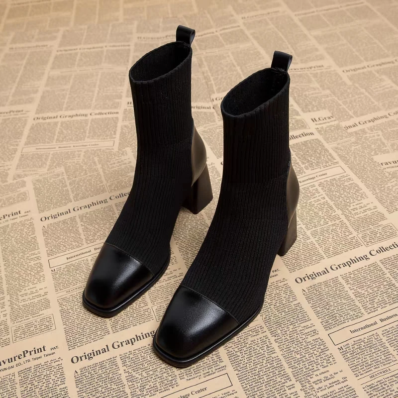 Botas de salto alto de cabeça quadrada, meias e botas elásticas, estilo britânico, saltos grossos, botas curtas casuais, primavera, outono, inverno, novidade, 2022