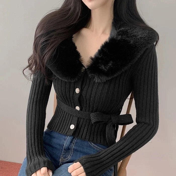 Women's Chic Long Sve Knitted Sweater with Fur Collar Waist-Cinching Slimming Versatile Faionable Autumn Winter Top