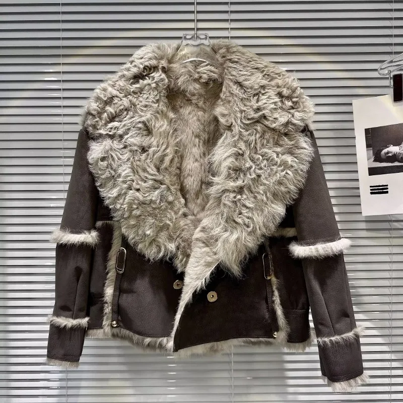 Manteau en Cuir Chaud Intégré pour Femme, Streetwear, Col en Fourrure d\'Agneau, Doublure en Fourrure de Lapin, Nouvelle Collection Hiver 2023