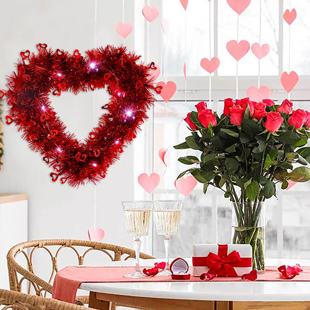 Romantic Luminous Heart Garland ValentineS Day Decoration Glowing Love Themed Fake Grass Garland Pendant for Home Wall Tabletop