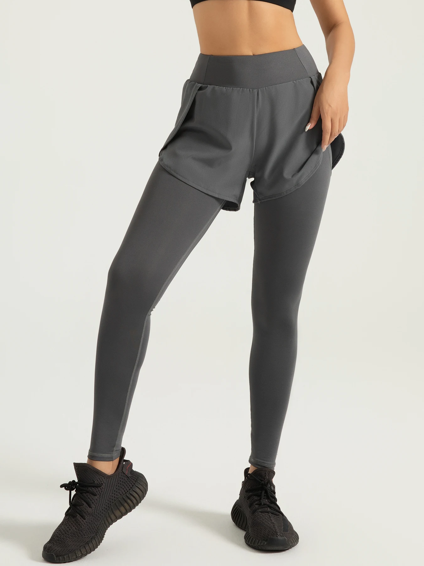 Fake Two-piece Compression Sports Leggings For Women, 2-in-1 High Waist Moisture-wicking Yoga Leggings, Women\'s Activewar