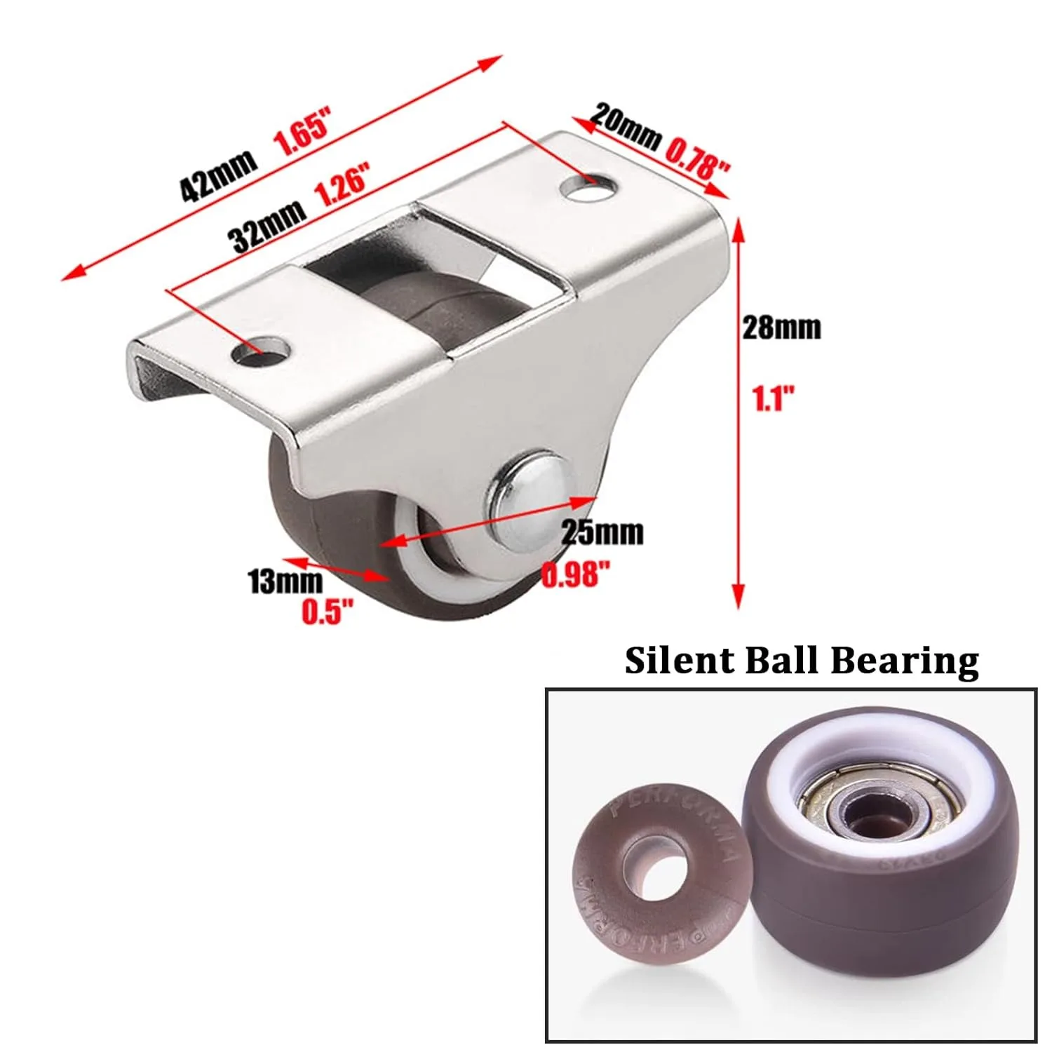 1 Inch Mini Fixed Casters, Rubber Wheels with Bearings, 130LBS Capacity, Quiet Smooth Motion, Heavy-Duty Steel Frame