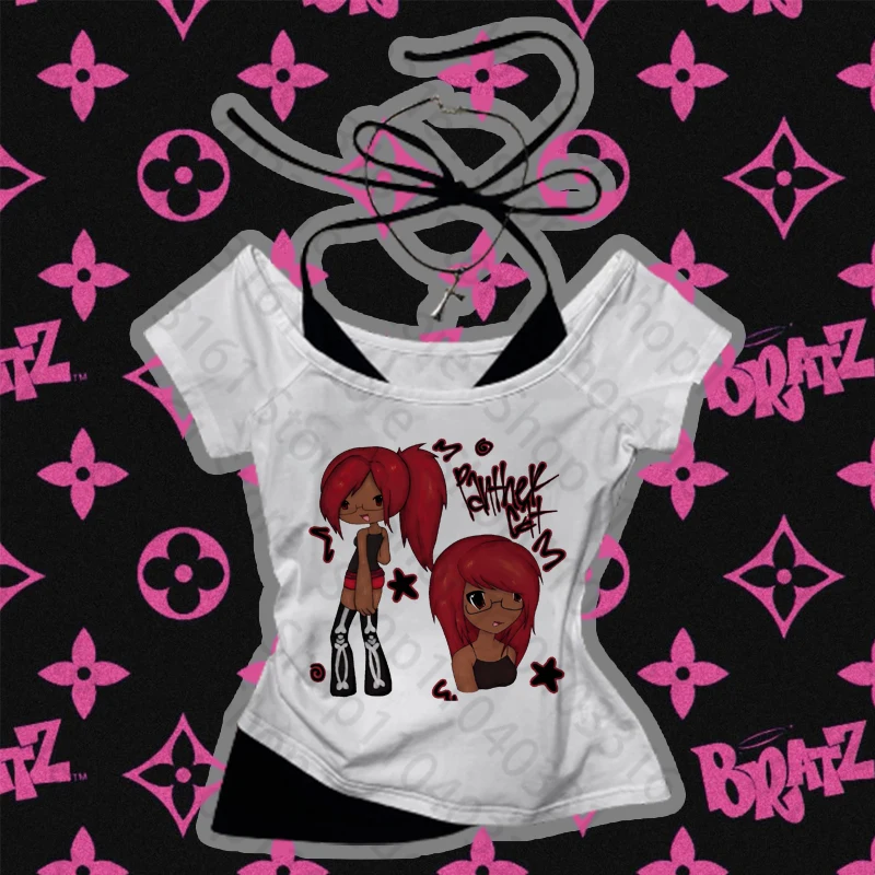 

Women Harajuku Crop Tops Vintage Fake Two Piece Cartoon Anime Printing Y2k Slim Fit Tops Women Off Shoulder Short Sleeve Tee