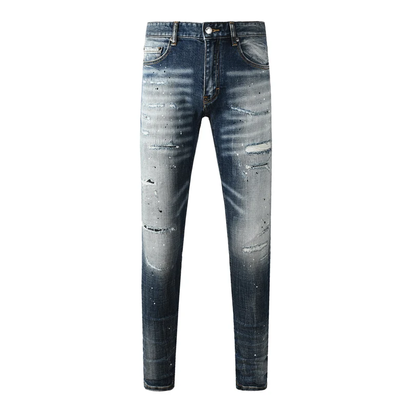 Hombre Fashion New Men's Jeans Scratch Washed Nostalgic Stretch Slimming Light Blue Jeans Designer Hip Hop Brand Pants