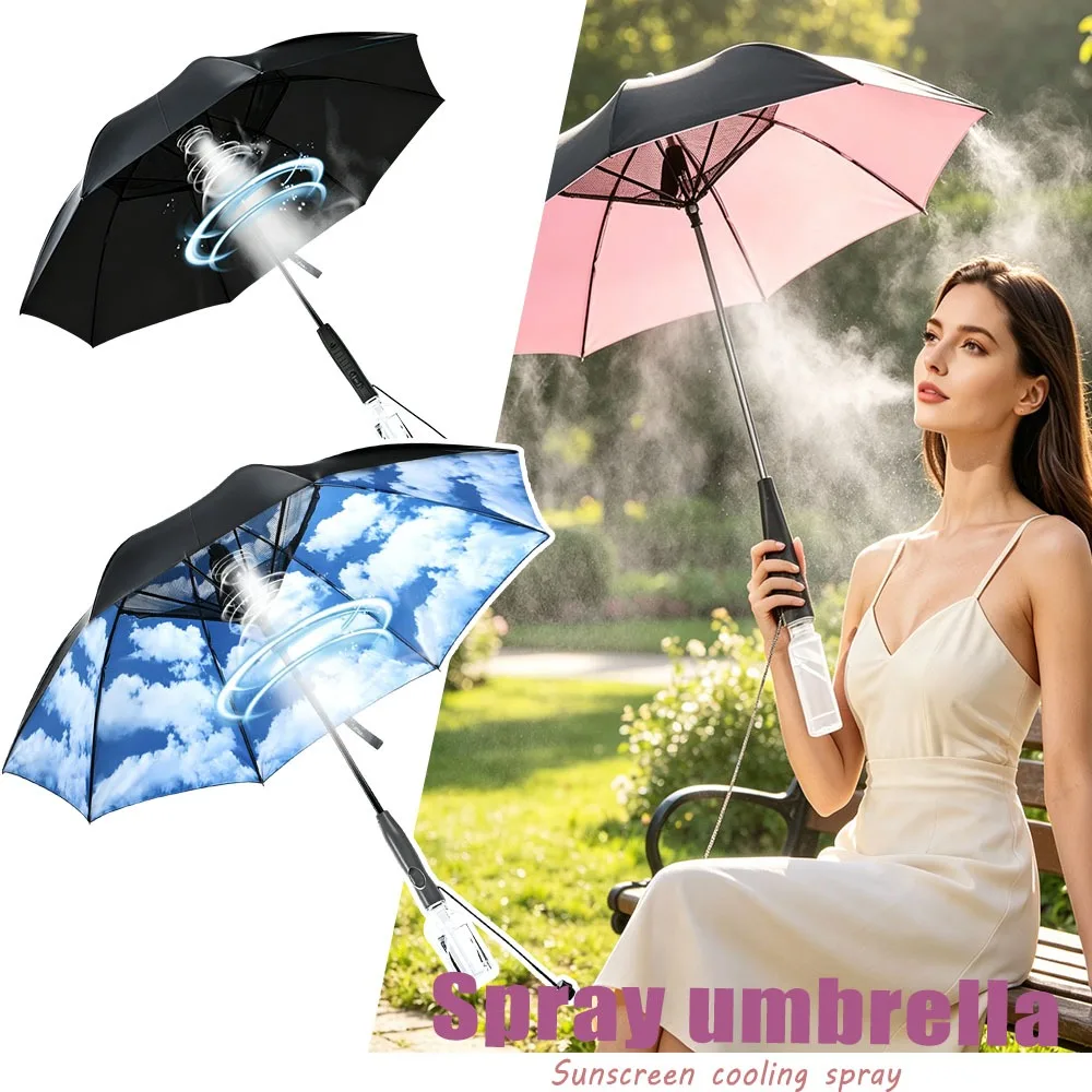 Spray Fan Umbrella USB Rechargeable Long Handle Large Sun Umbrella Strong UV Protection Cooling Misting Fan Parasol Outdoor