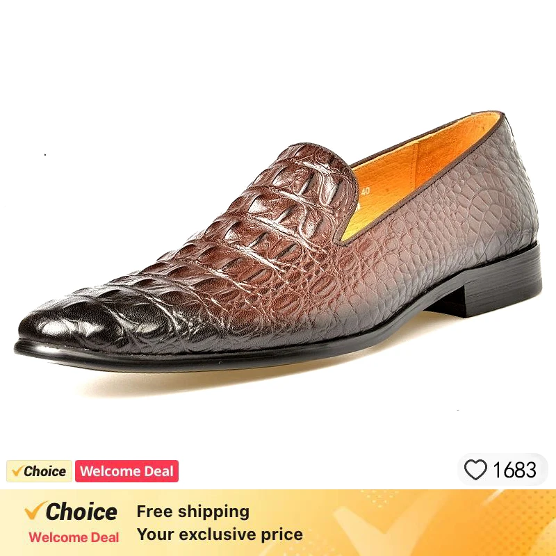 Men's Handmade Luxury Crocodile Pattern Leather Loafers Brown Black Slip-On Formal Business Dress Shoes for Office