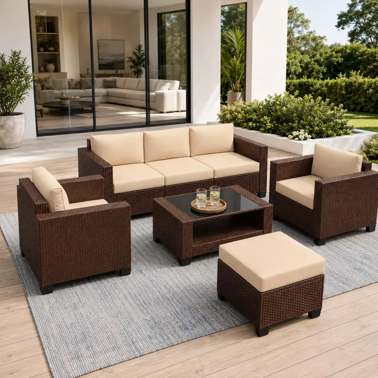 7 PCS All-Weather PE Rattan Outdoor Sectional Sofa Set with Cushion & 2-Tier Glass Coffee Table, Customized