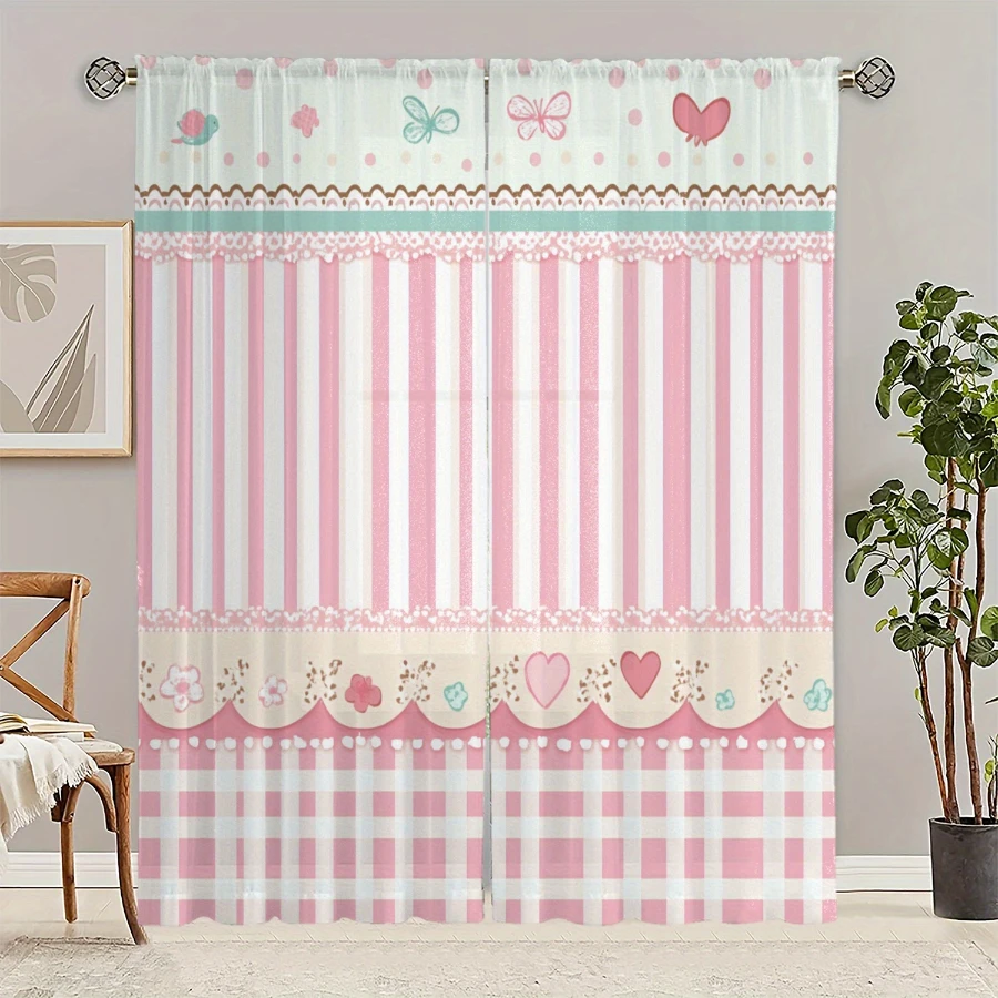 2PCS Pink Stripe Butterfly Sheer Curtains, Heart Plaid Cute Print, Rod Pocket Window Drapes for Girls Bedroom Nursery Decor
