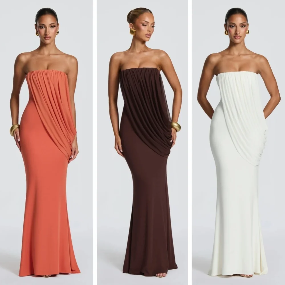 Temperament solid color tube top word collar dress long skirt three-dimensional pendant fishtail slim party dress.