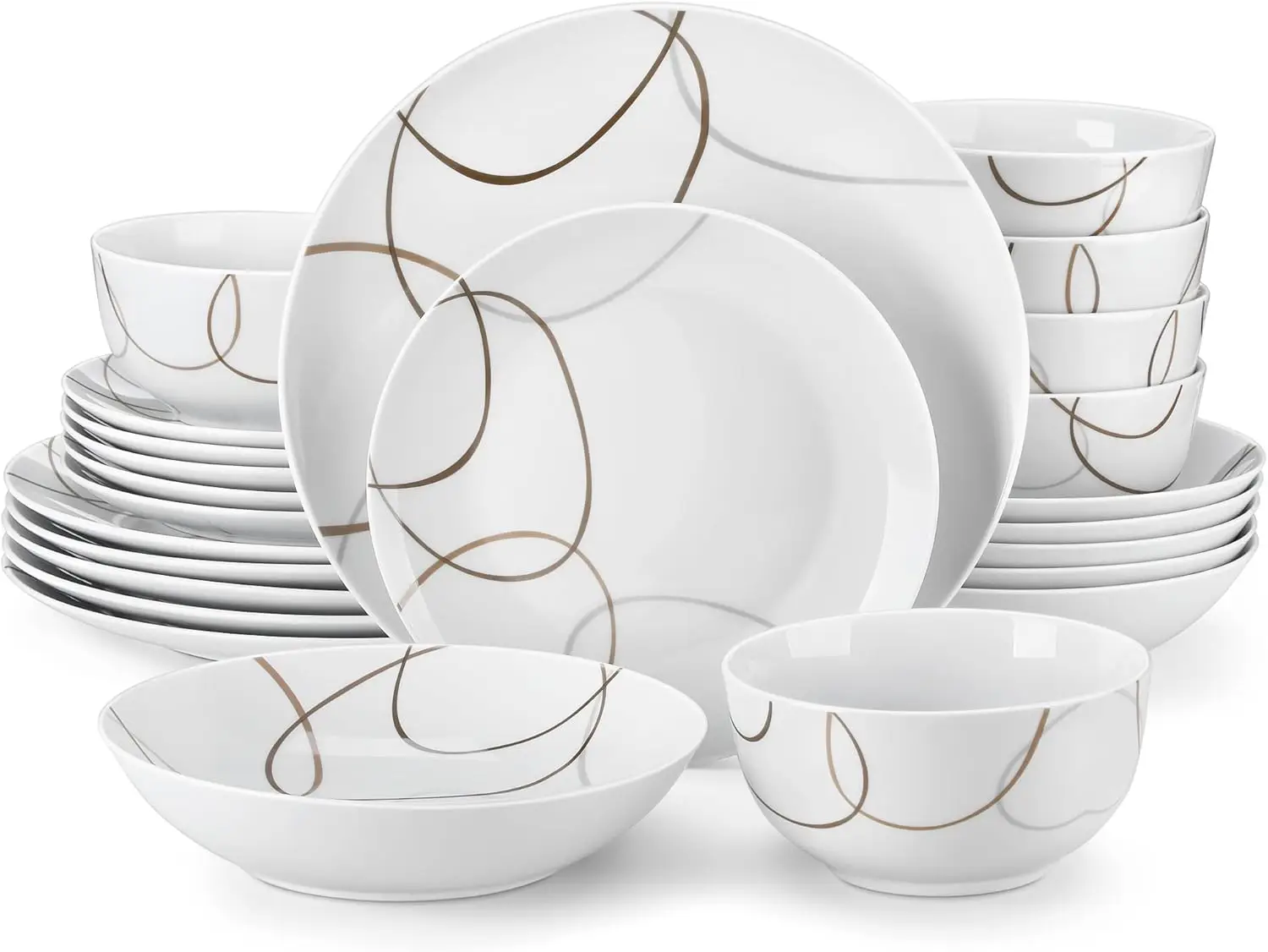 24 Pieces Dinnerware Sets for 6, Porcelain Plates and Bowls Set with Brown Lines, Classic Dishes Set Dining Ware for Dinner, Mic