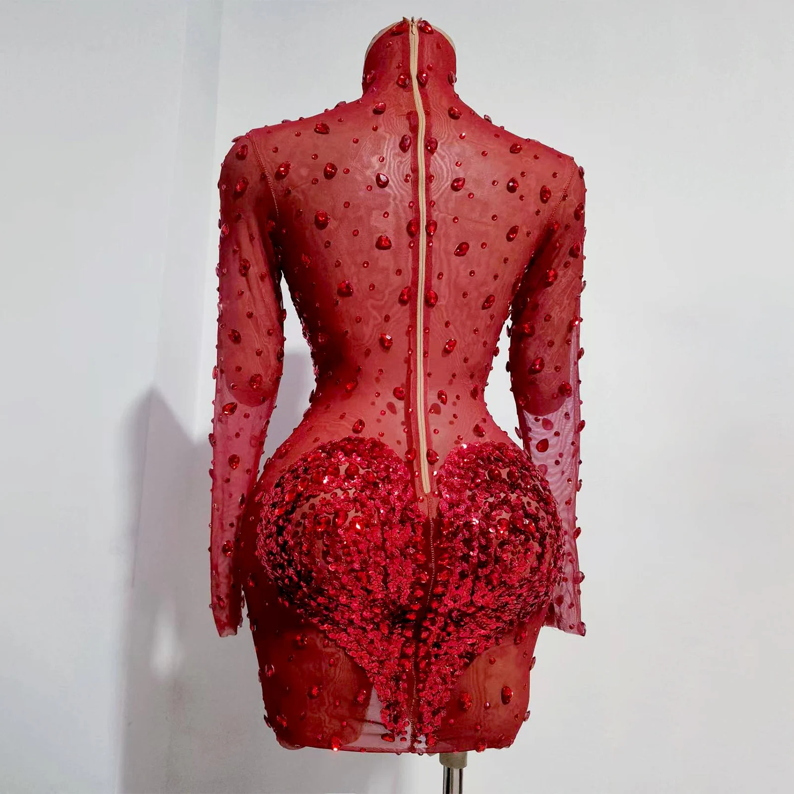 Cristales piedras lentejuelas falda malla estiramiento danza vestido de manga larga noche cumpleaños celebración escenario desgaste rendimiento Drag Queen