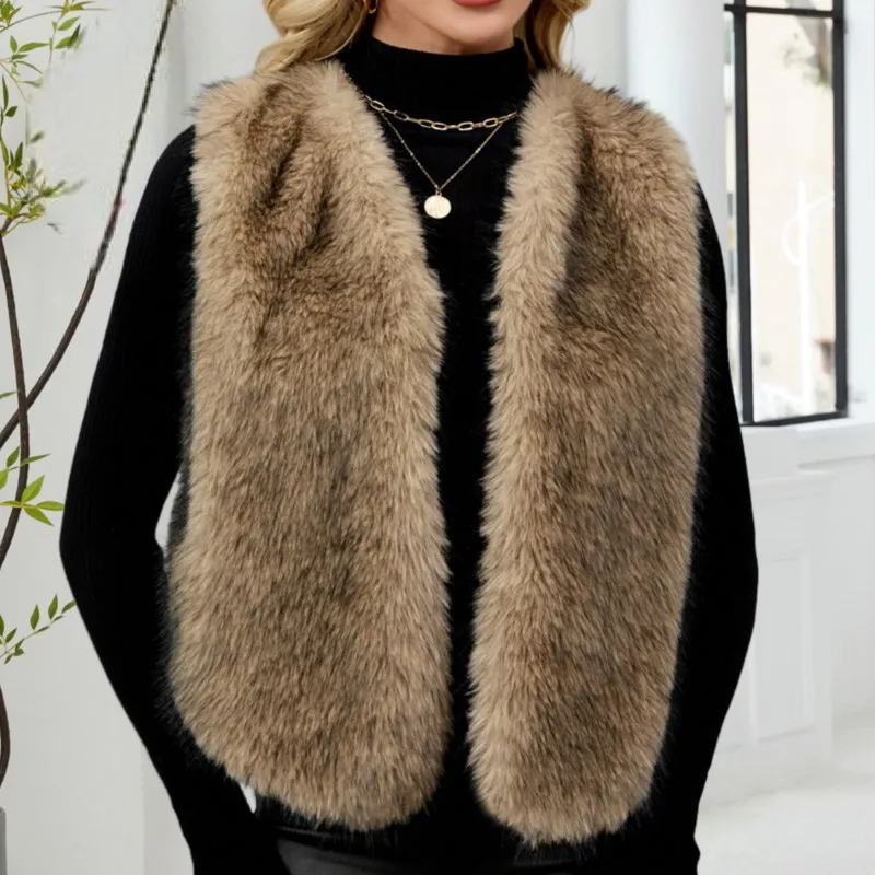 Sleeveless Fur Fluffy Long Coats Outwear Retro Womens Faux Fur V-neck Vest 2025 Winter Thicken Warm Loose Size Waistcoat Jackets