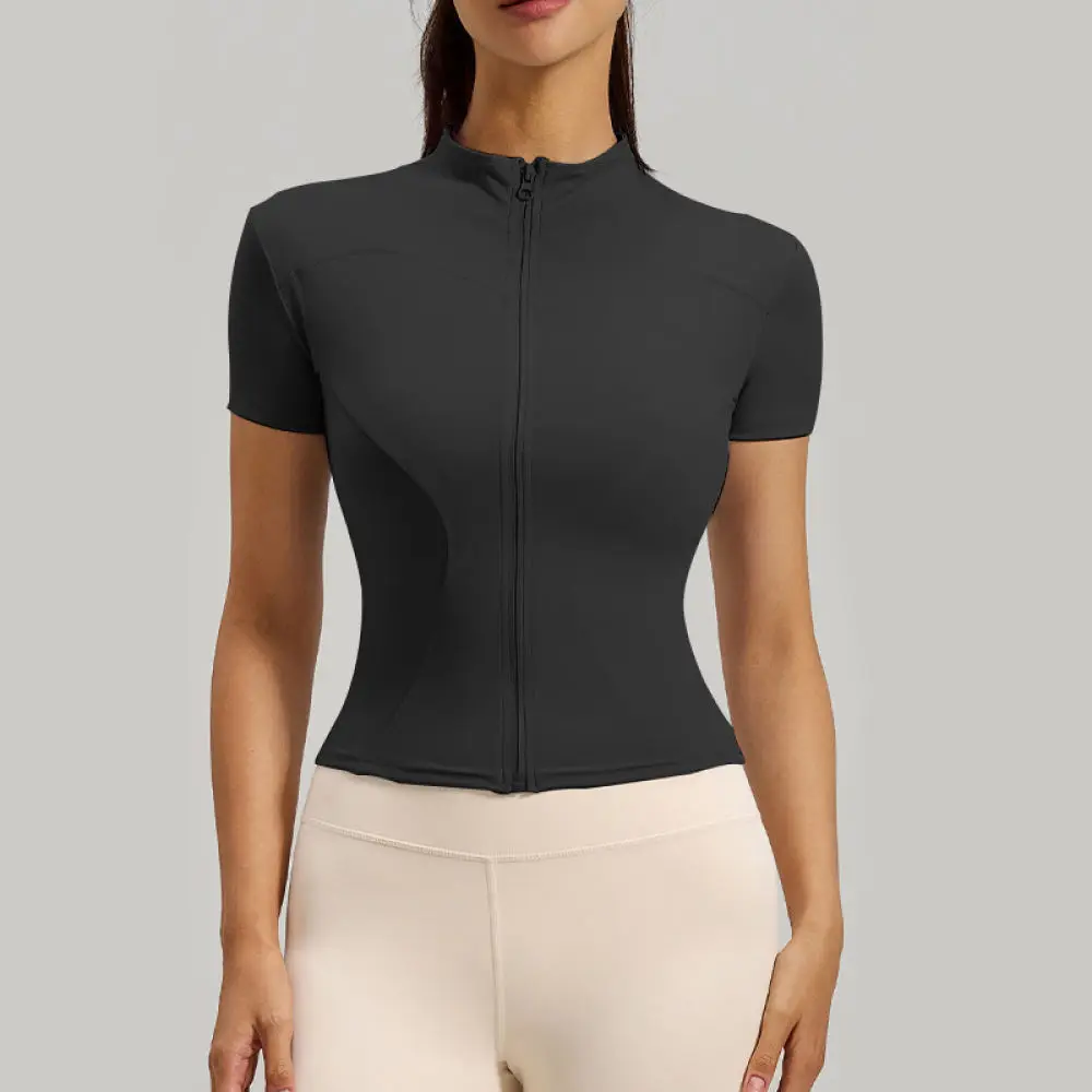 Women Running Yoga Top Stand Collar Slim Fit T Shirt Quick Dry Breathable Gym Clothes High Elastic Athletic Sportswear Tee