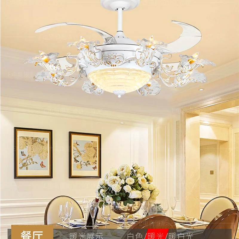Crystal European Invisible Ceiling Fan Lamps Living Dining Room Intelligent Voice Frequency Conversion Atmospheric Fan Lights