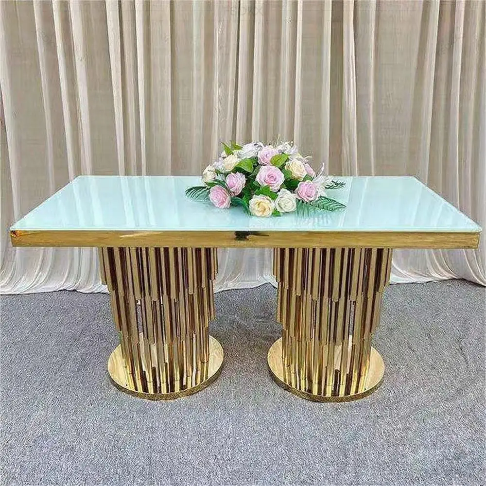FSDKX Luxury Durable Gold Wedding Tables Stainless Steel Metal with Glass for Dining Mirror Glass Wedding Furniture Events Table