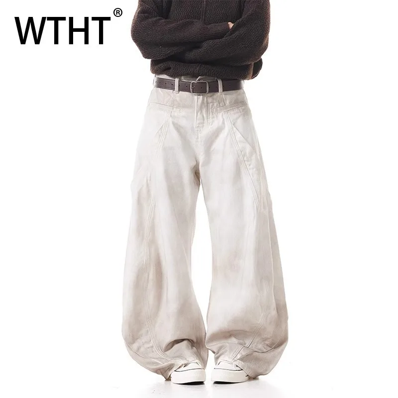

WTHT Fashion Men's Patchwork Do Old Design Loose Denim Pants Trendy 2025 Summer Casual High-waisted Wide Leg Jeans Male 2A0880
